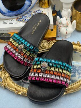 🧿🧿 KURT GEIGER LONDON Meena Eagle Jewel Crystal Studded Slide, Black Rainbow